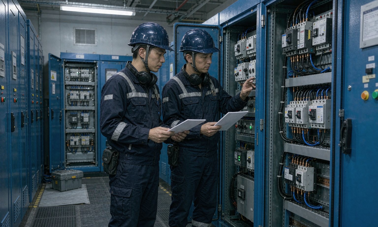Cunmi service technicians inspecting a distribution switchboard during maintenance at a commercial facility